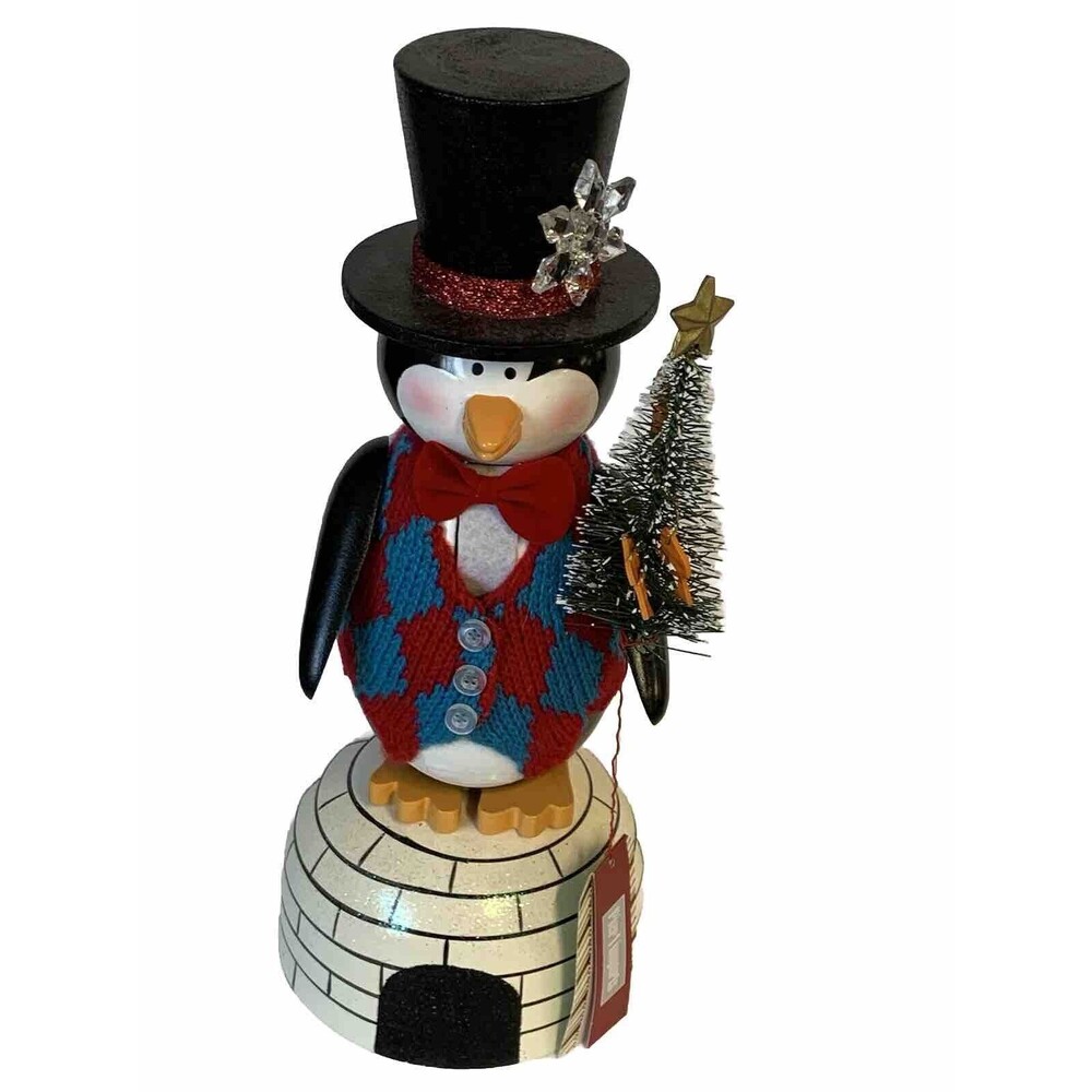 Pier 1 Imports PENGUIN Nutcracker w/ Top Hat, Vest, Tree, on Igloo - RARE NWT